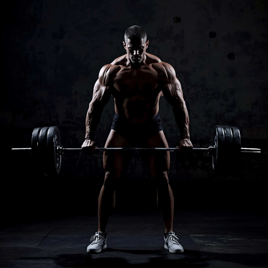 Muscular man lifting heavy weights in a dark gritty gym lighting